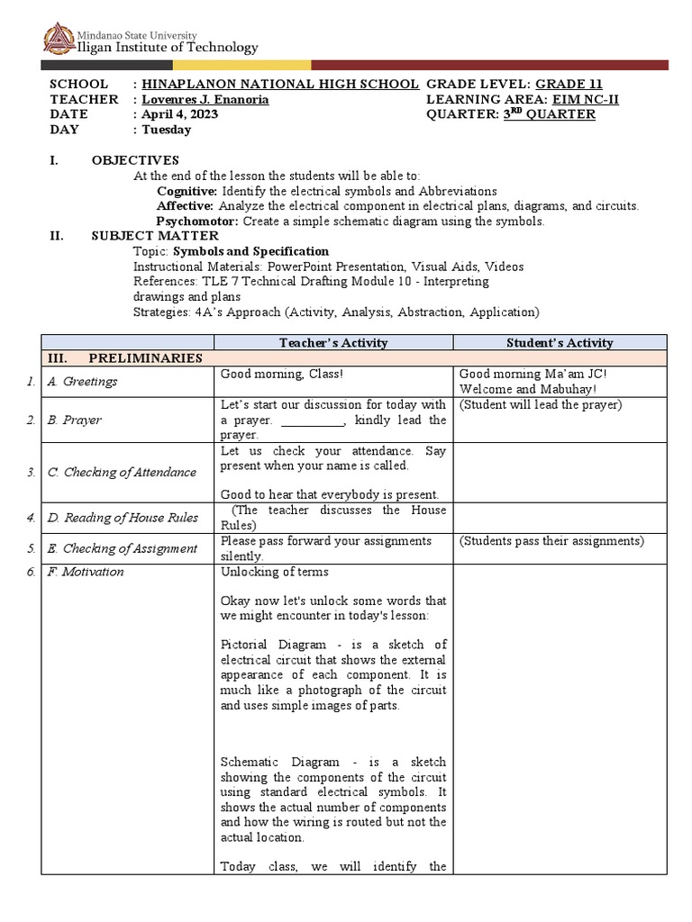 Lesson Plan 7 - Electrical Symbols | PDF | Teachers | Cognition