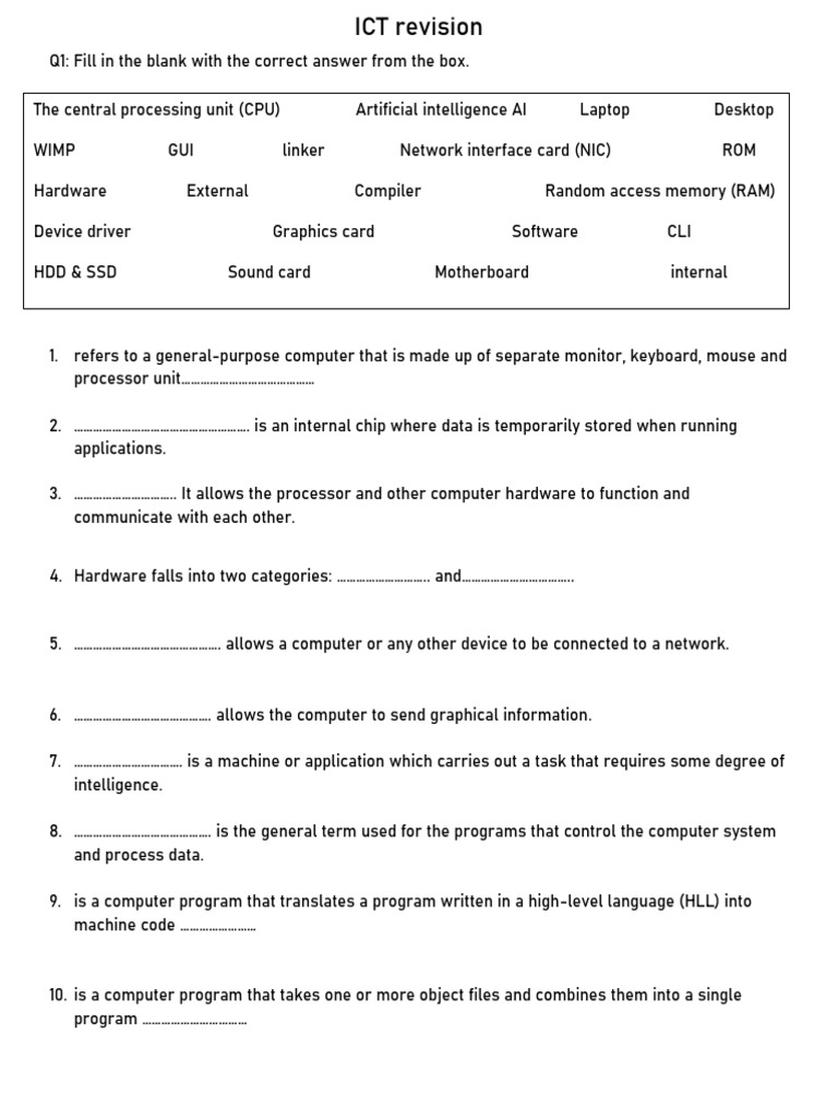 Q1: Fill in The Blank With The Correct Answer From The Box | PDF ...