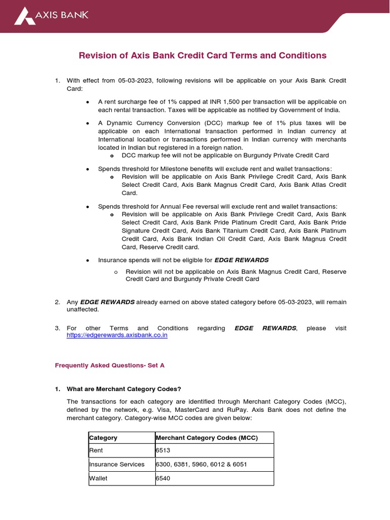 Revision of Axis Bank Credit Card Terms and Conditions | PDF | Payments ...