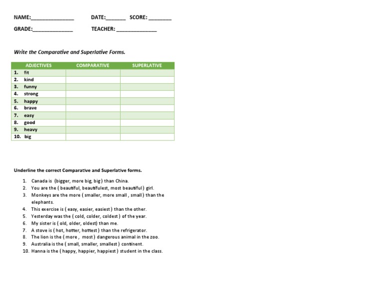 Superlatives Worksheet PDF