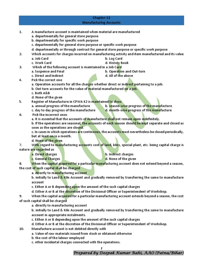 Chapter 12 Manufacturing Account MCQ PDF Debits And Credits Cost