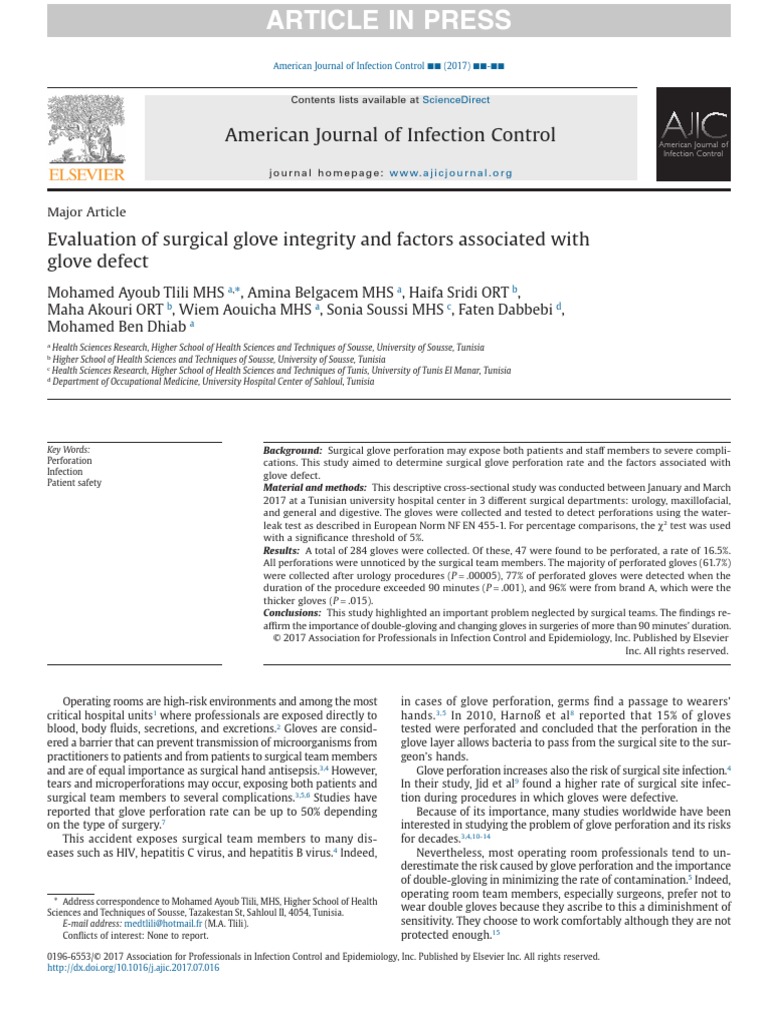 Evaluation of Surgical Glove Integrity and Factors Associated With Glove Defect PDF Surgery