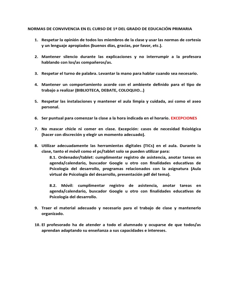 Normas de Convivencia en el Aula 1º | PDF | Salón de clases | Maestros
