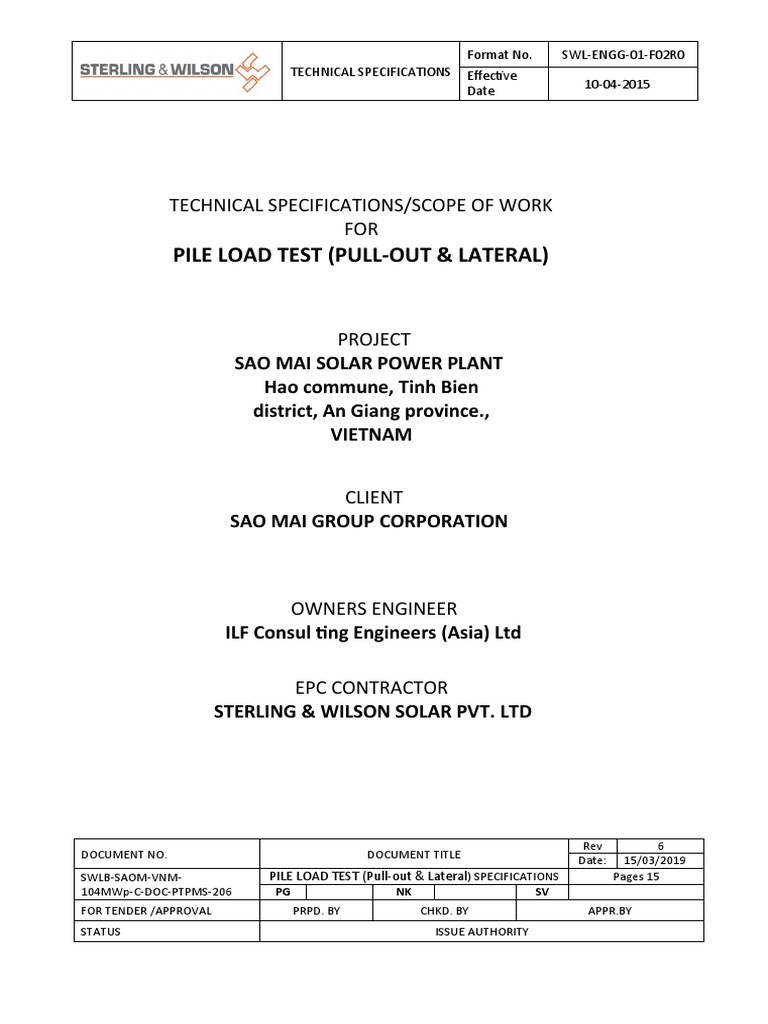 Pile Load Test (PullOut & Lateral) Technical Specifications/Scope of