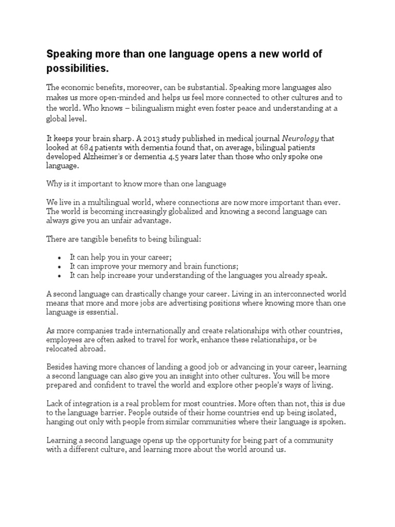 Speaking More Than One Language Opens A New World of Possibilities | PDF