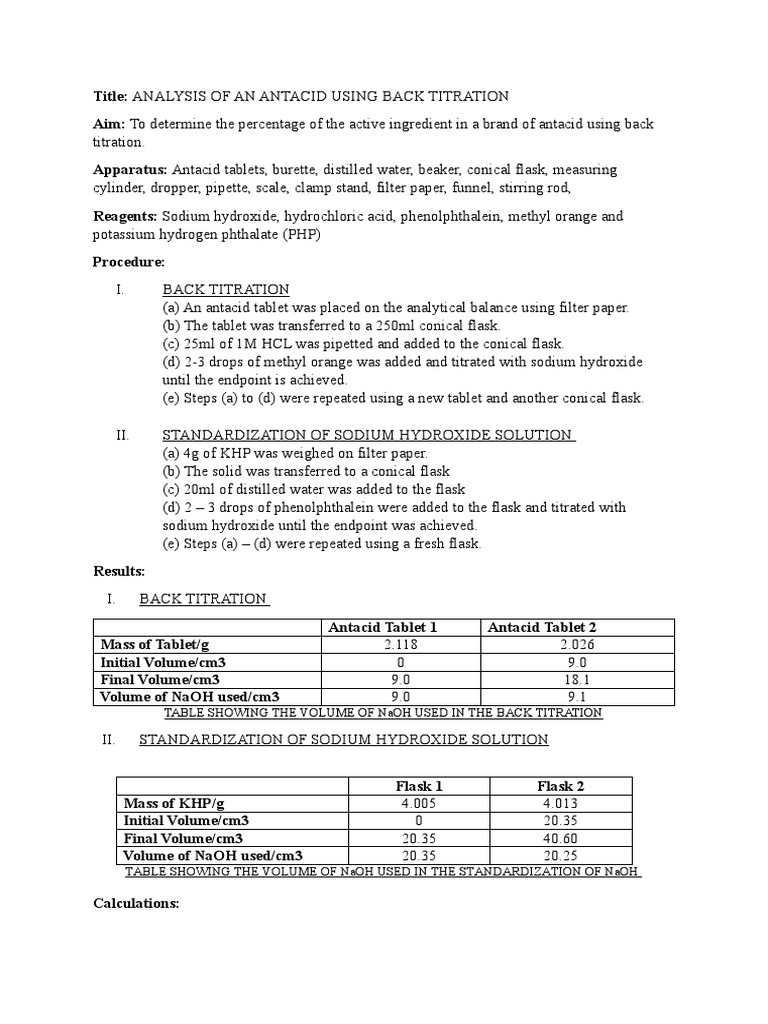 Analysis of An Antacid Using Back Titration (CAPE LAB) PDF