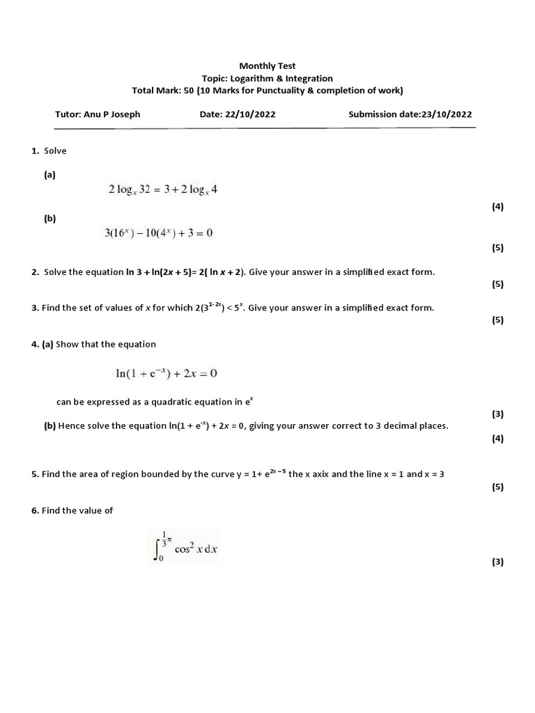 Logarithm & Integration Monthly Test | PDF