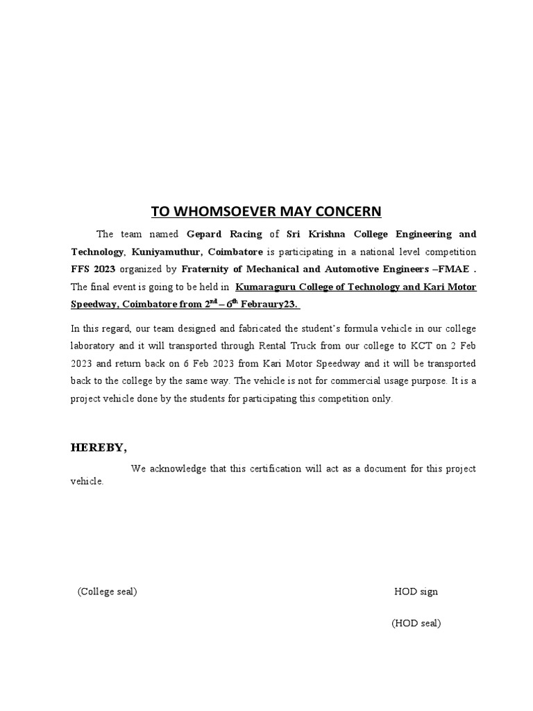 Request for Transportation of a Formula Racing Vehicle for an Upcoming ...
