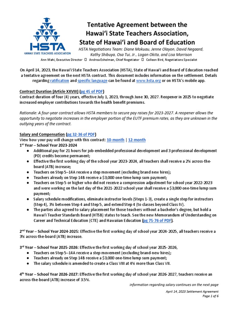 HSTA 2023-2027 Salary Agreement Summary | PDF | Teachers | Employment