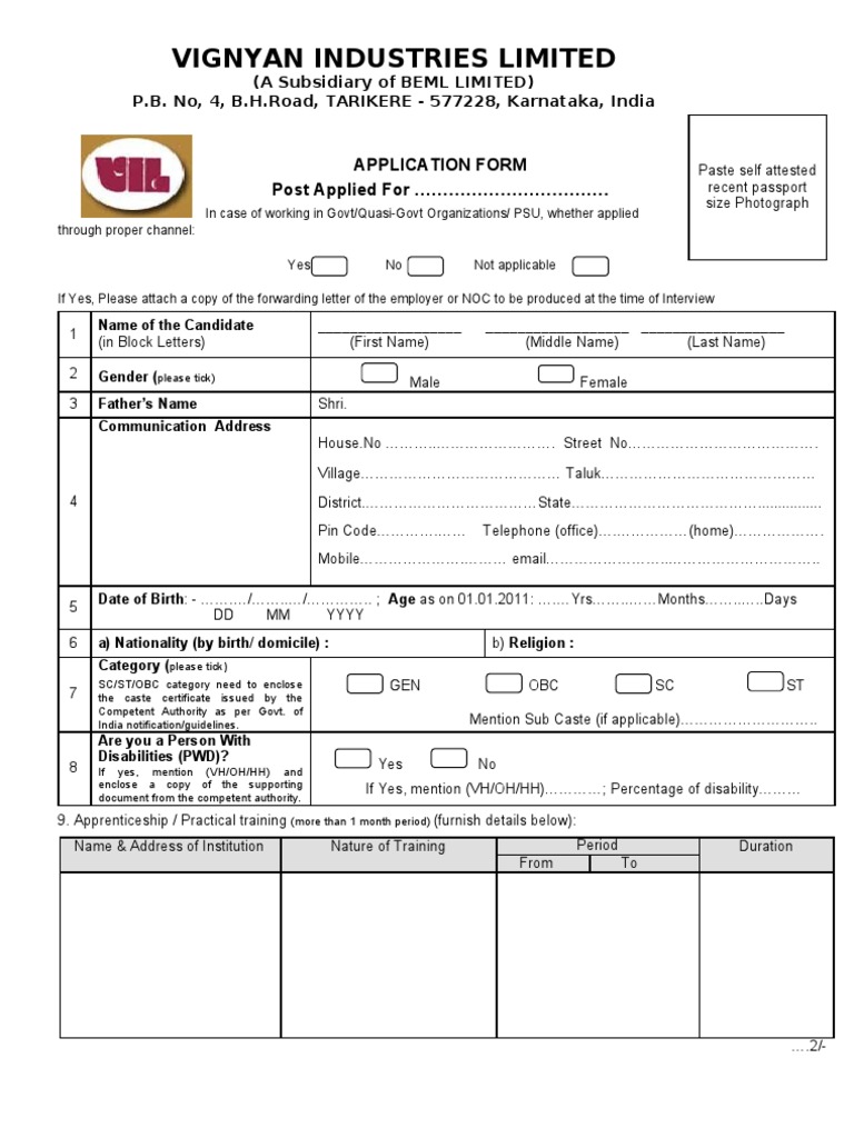 Vignyan Industries Job Application Form | PDF