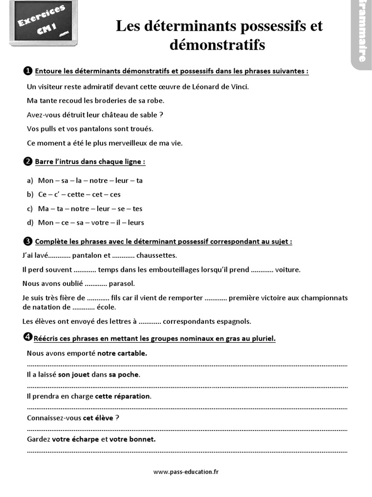 Déterminants Possessifs Exercices Exercices Cm1 Les Determinants Possessifs Et Demonstratifs | PDF