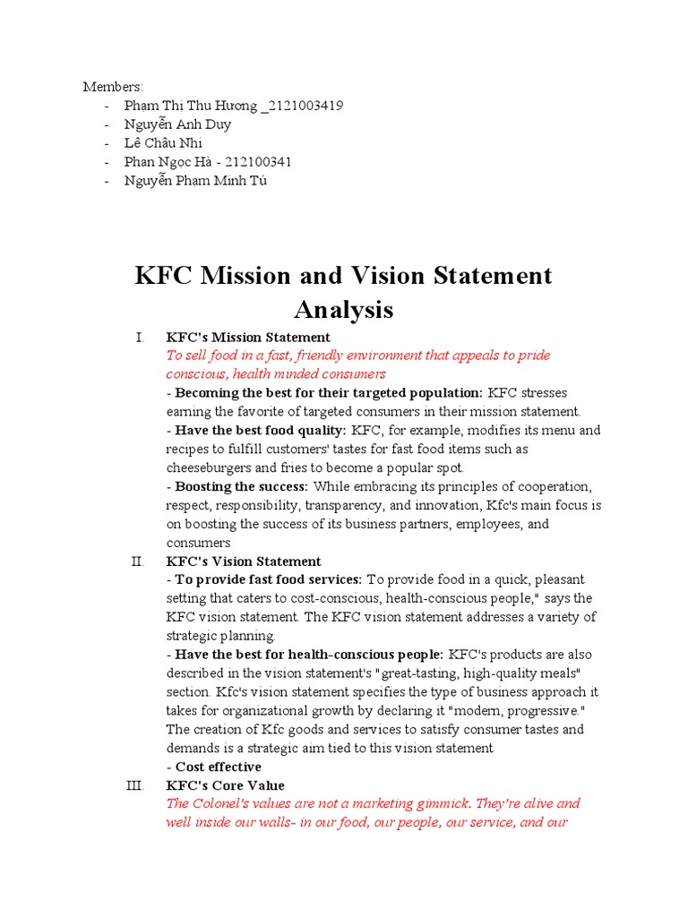Group6 - Monday Afternoon-KFC'S Vision, Mission, Values and SBU | PDF ...