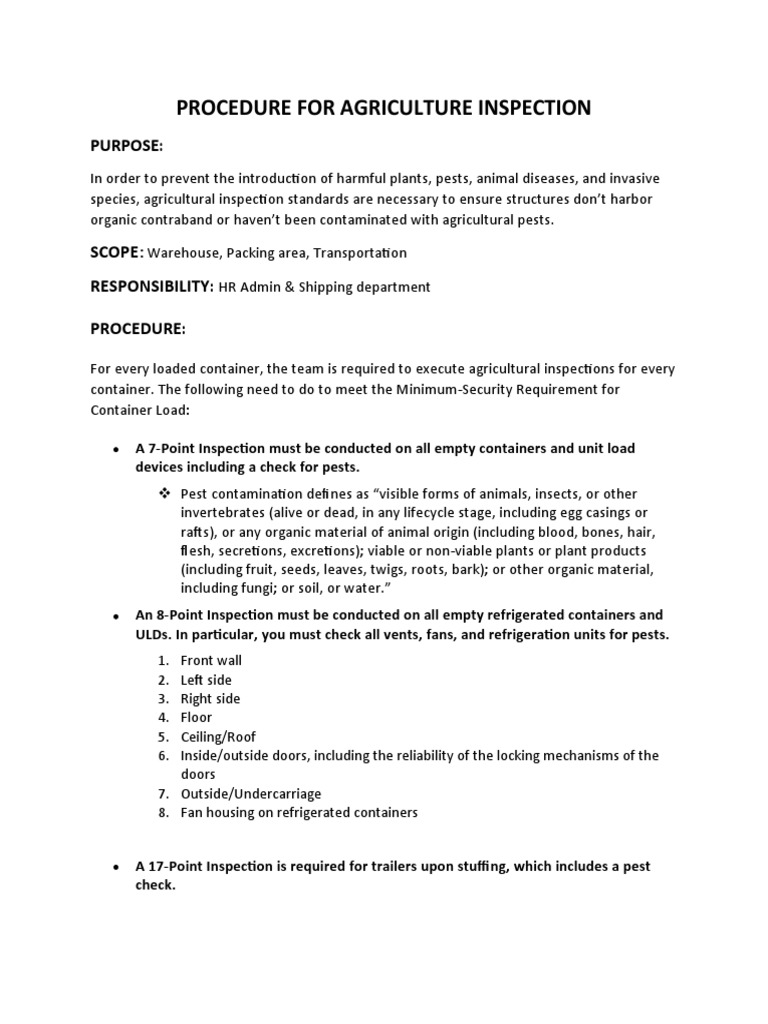 Procedure For Agriculture Inspection PDF Pest Refrigeration