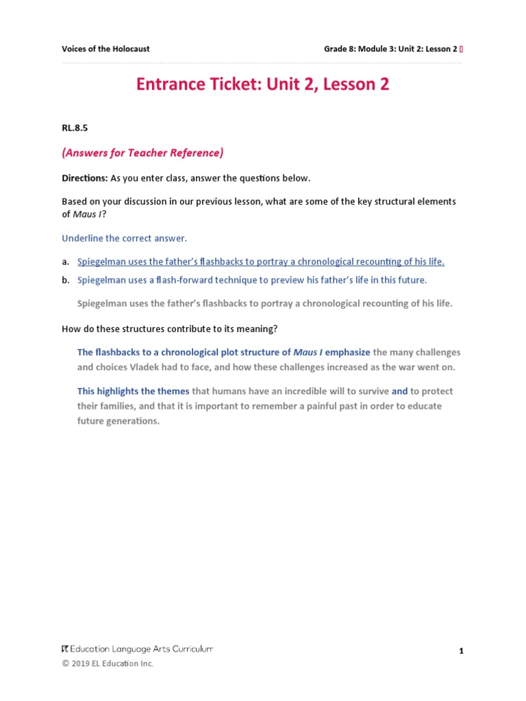 Entrance Ticket Unit 2, Lesson 2 (Answers For Teacher Reference