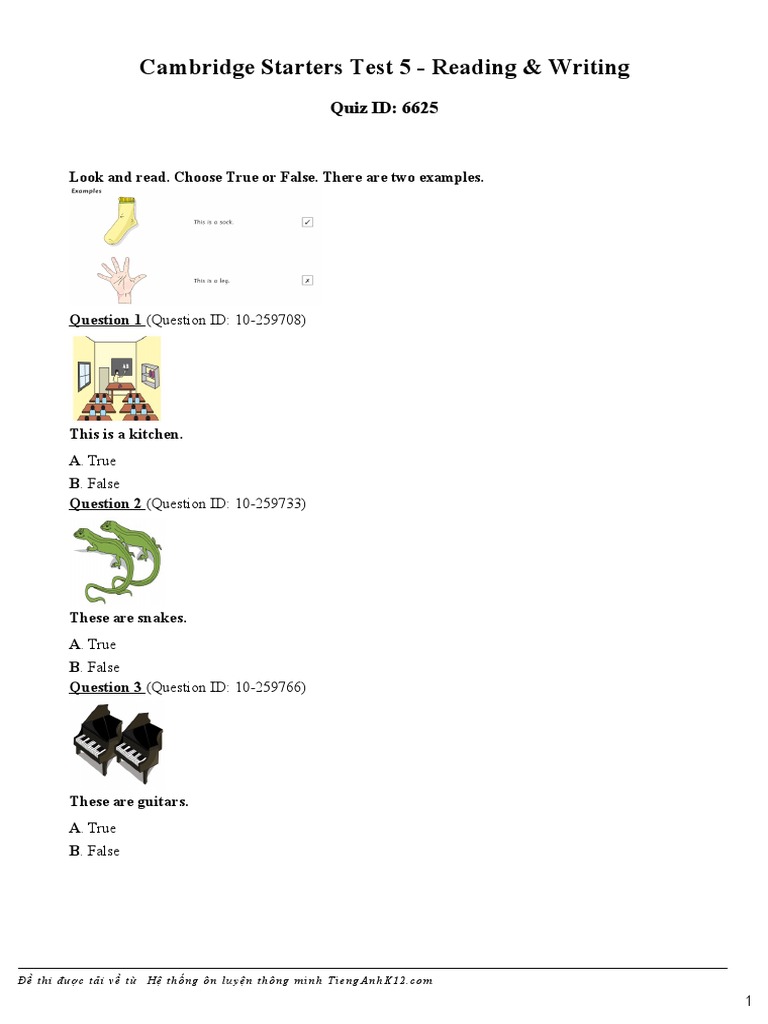 Cambridge Starters Test 5 Answers | PDF | Teaching Methods & Materials
