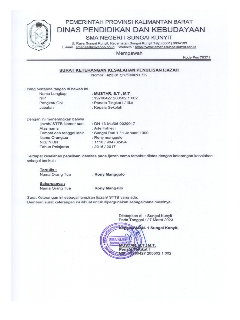 Surat keterangan kesalahan penulisan ijazah | PDF