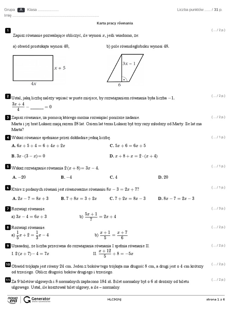 Quiz Z Matematyki Klasa 7 Karta pracy równania Test - klasa 7 | PDF