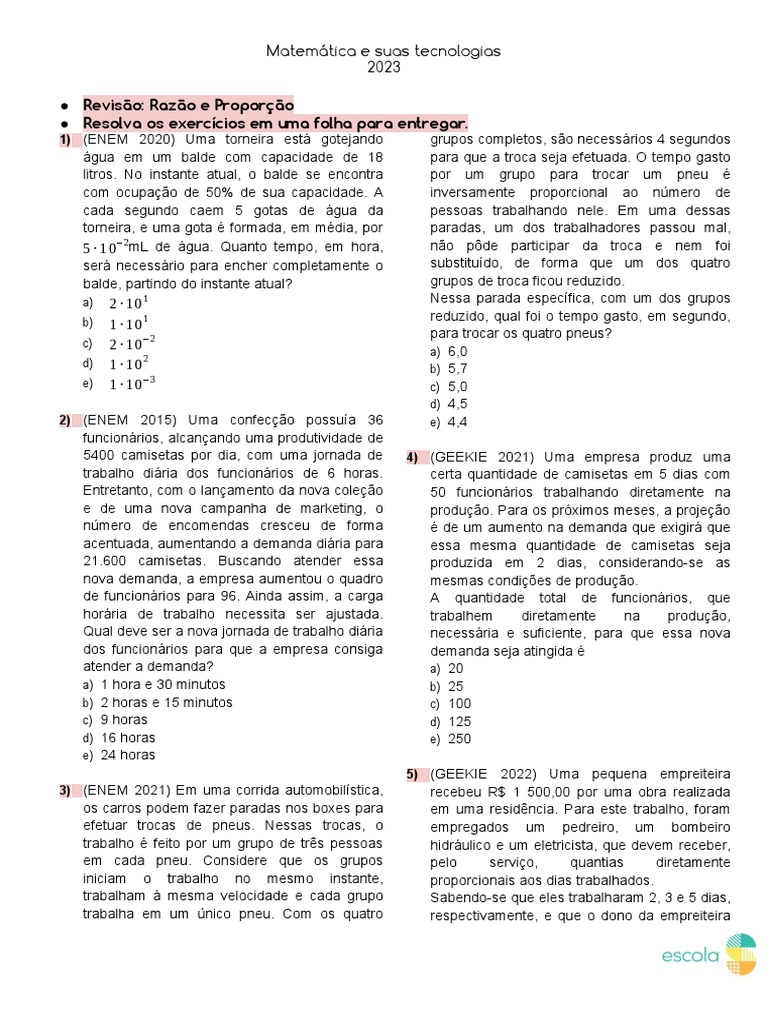 Exercícios - Razão e Proporção (Geekie, ENEM, ... ) | PDF | Pneu | Carro