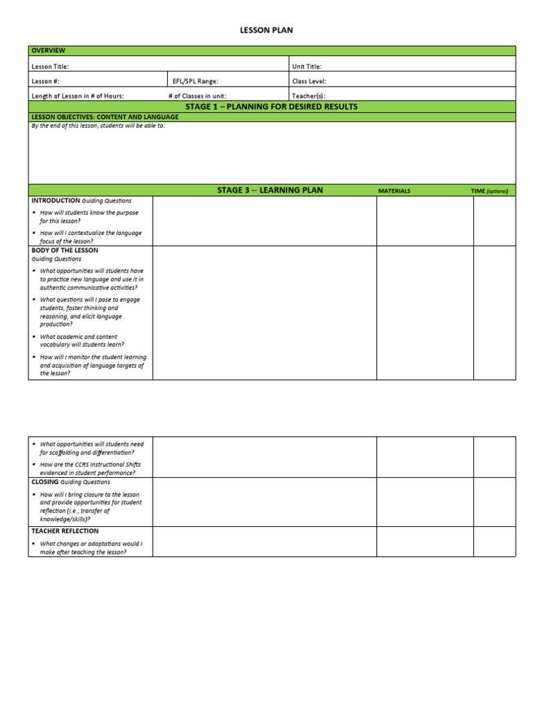 EFL Lesson Plan Template Guide | PDF