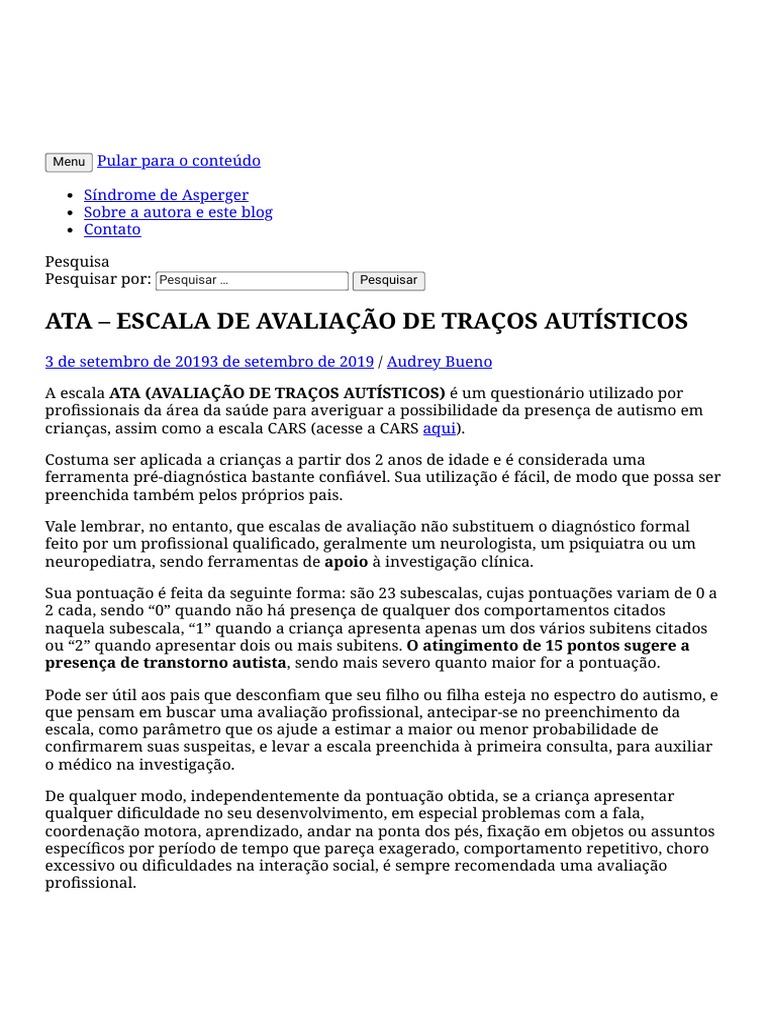 Escala ATA de Traços Autísticos | PDF | Espectro do autismo | Síndrome ...