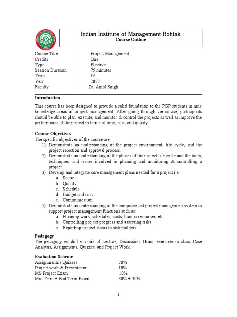1.project Management - Course - Outline - 2022 | PDF | Project