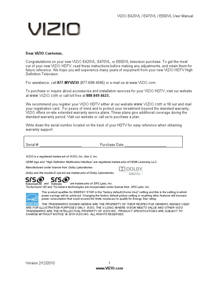 Vizio E470VL Manual PDF Set Top Box Hdmi