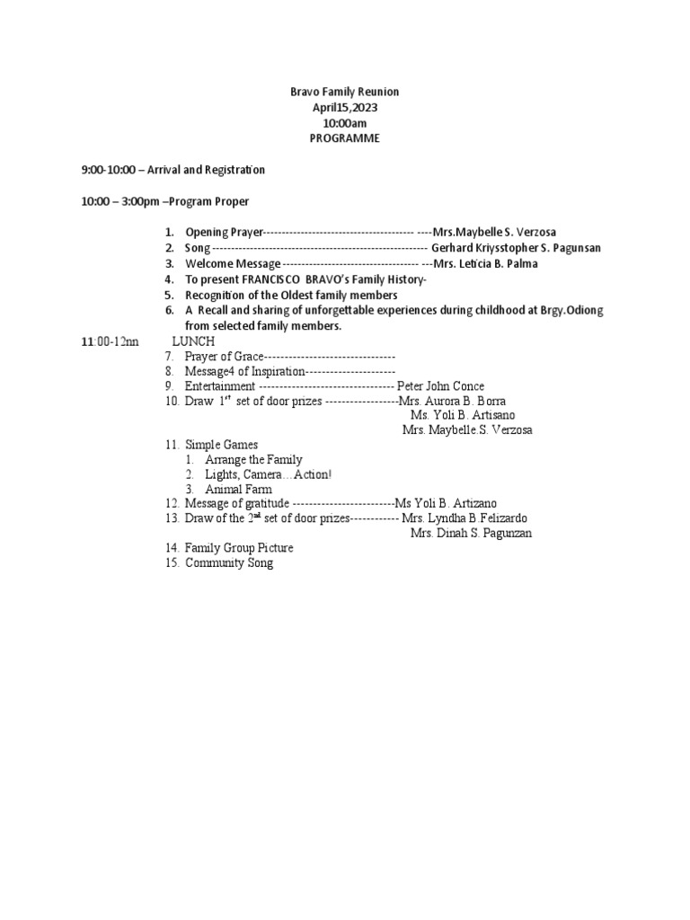 Bravo Family Reunion Programme | PDF