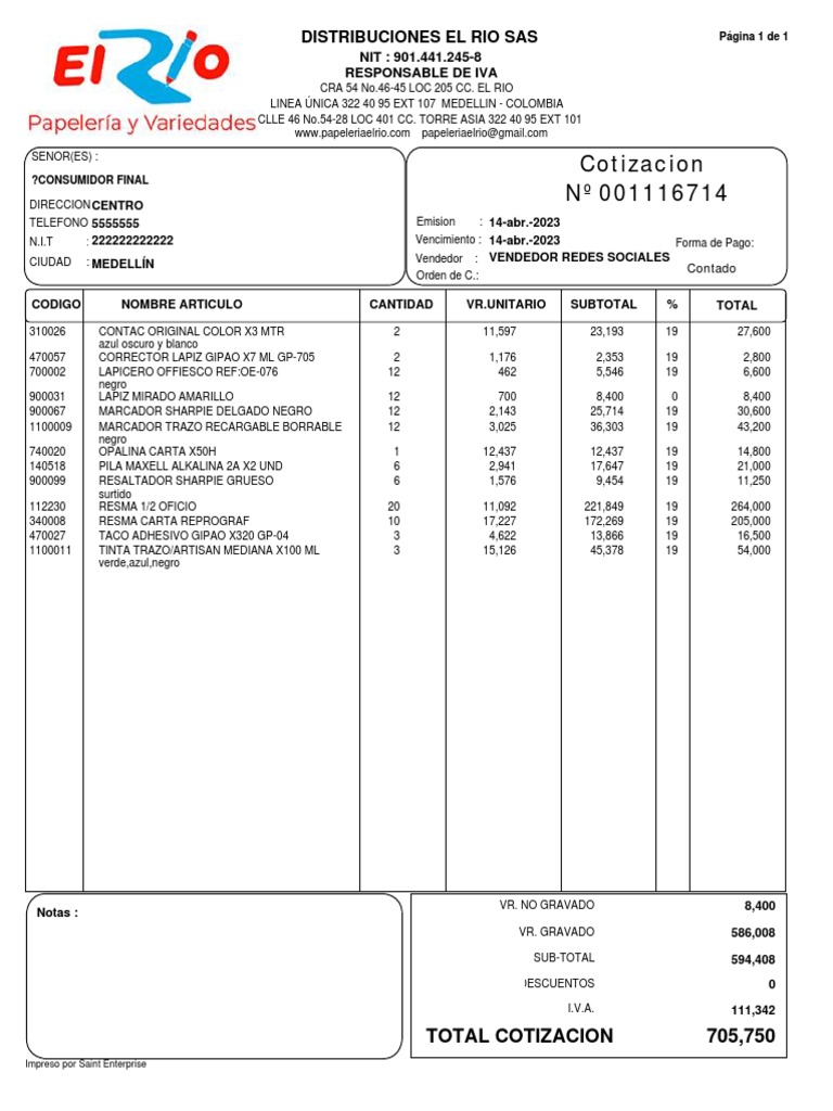 Cotización Distribuciones El Río SAS | PDF | Impuestos | Ventas