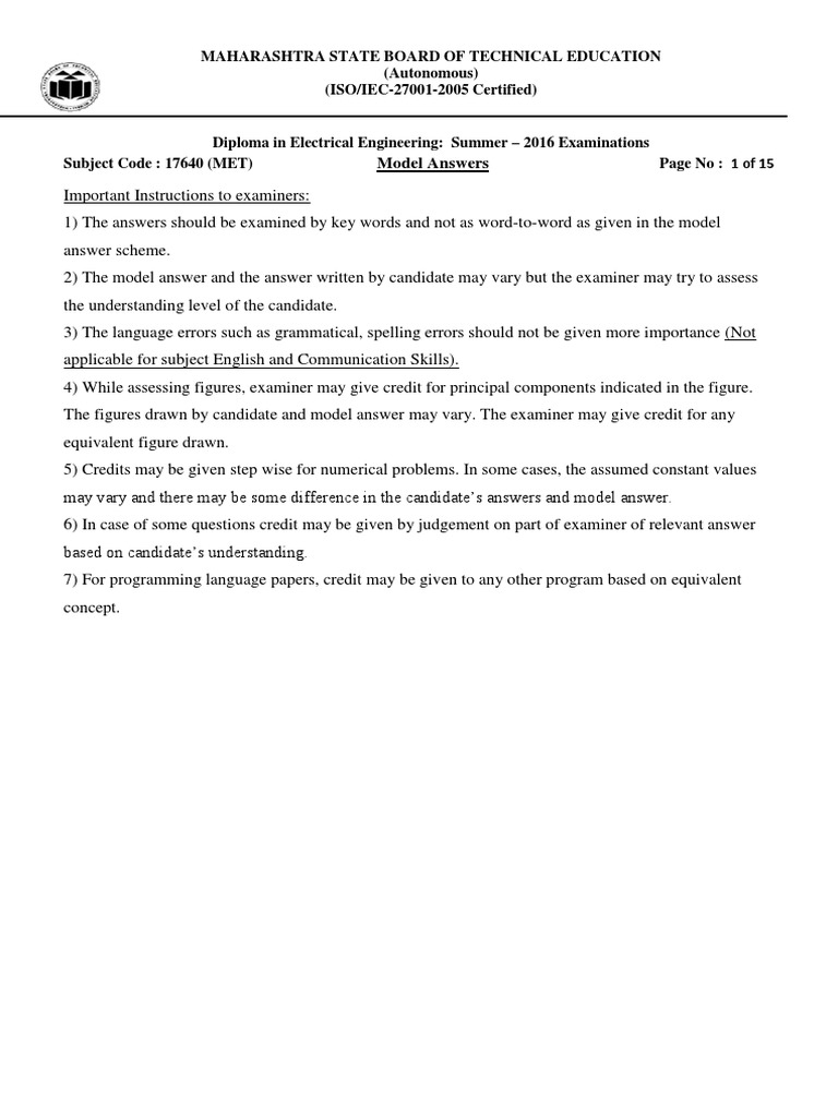 Diploma in Electrical Engineering Model Answers | PDF | Electric Motor ...