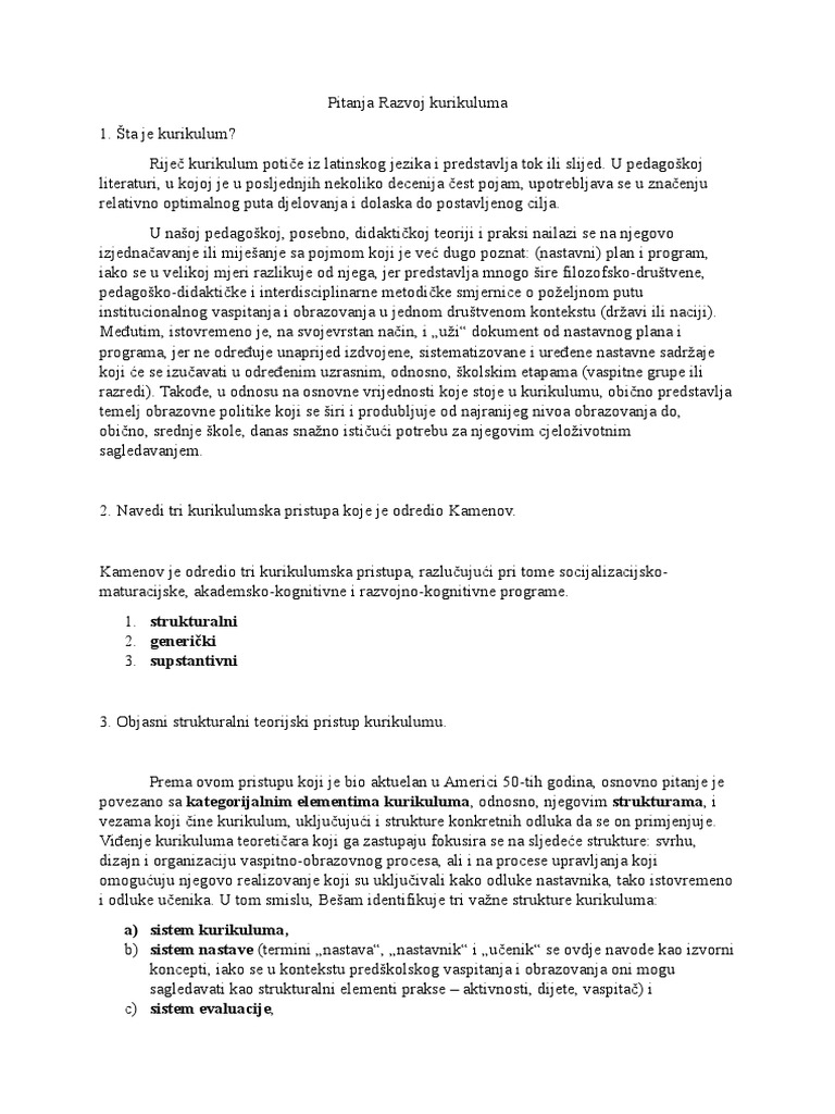 Pitanja Razvoj Kurikuluma | PDF