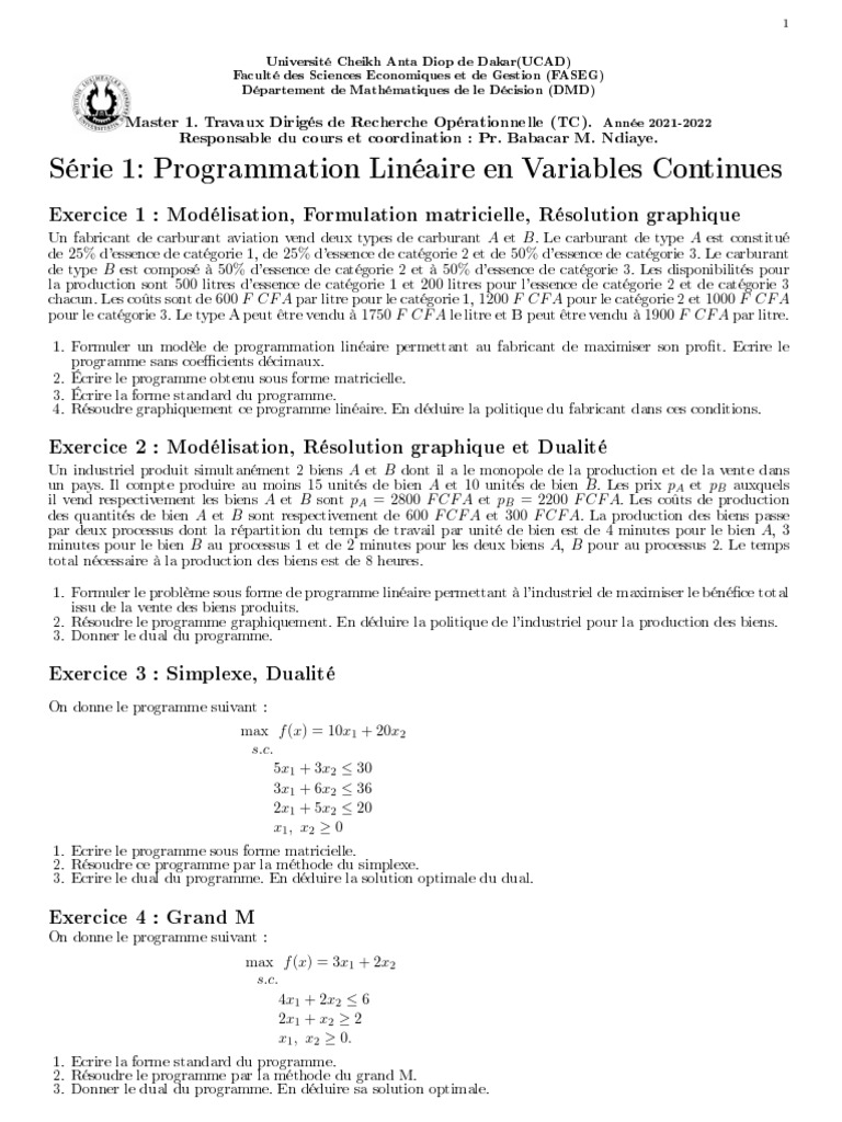 Exercice de Programmation Linéaire Corrigé | PDF | Optimisation ...