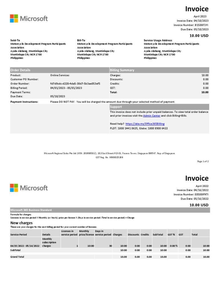 Monthly Invoice for Online Services from April 130, 2023 for the