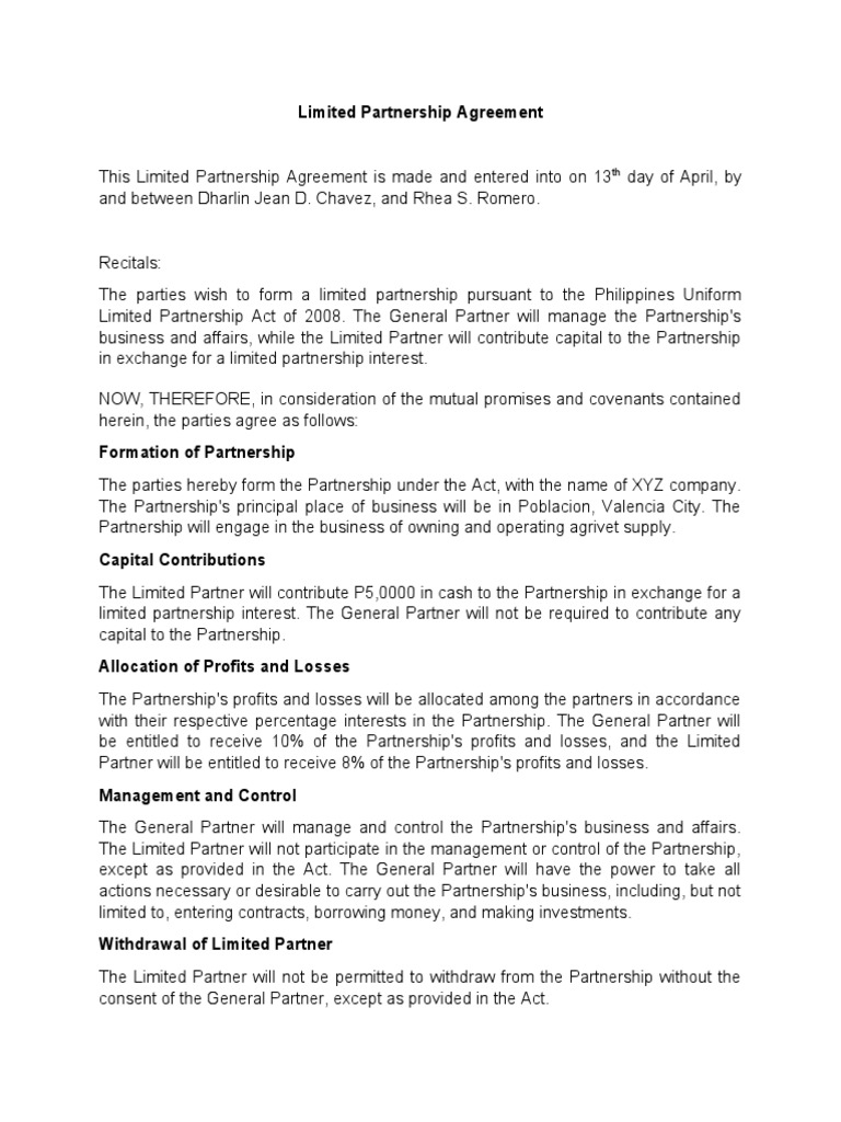 Limited Partnership Agreement PDF Partnership Indemnity