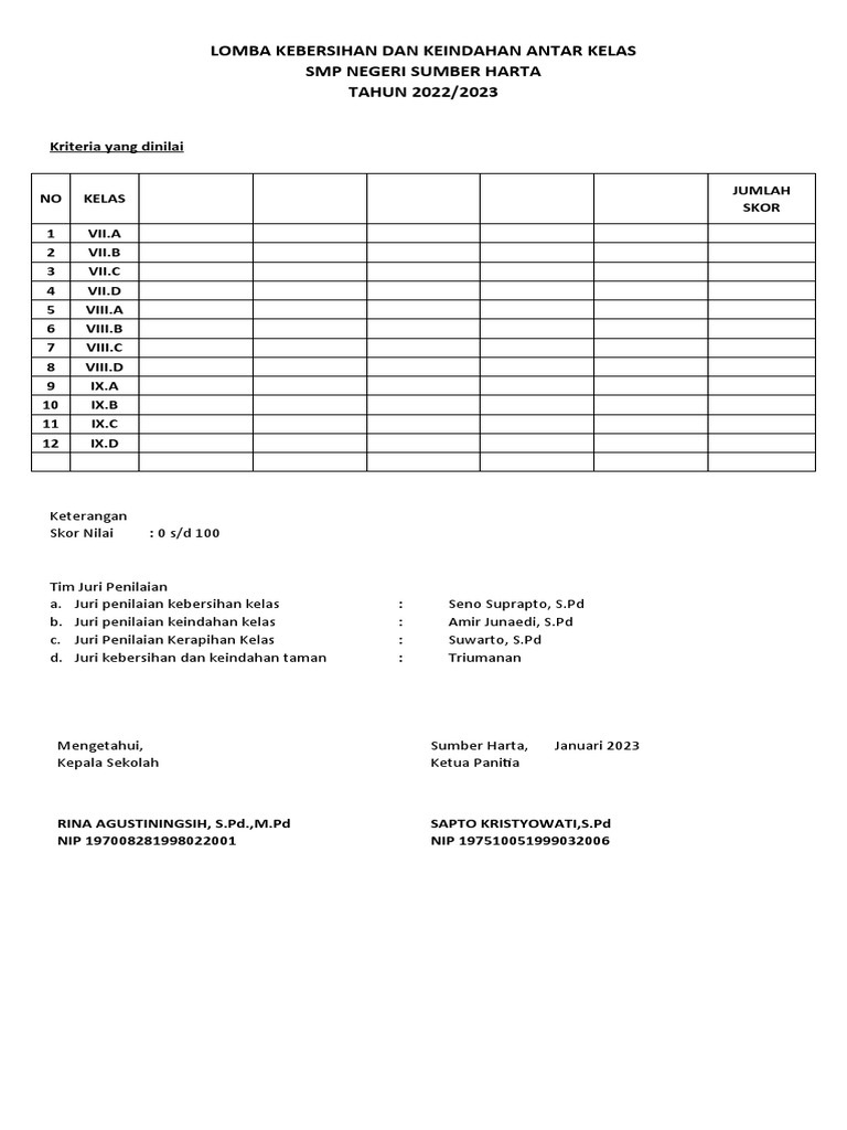 Lomba Kebersihan Dan Keindahan Antar Kelas Pdf