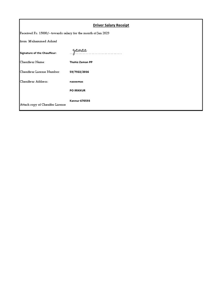 Driver Salary Receipt Signature of The Chauffeur Thahiz Zaman PP PDF