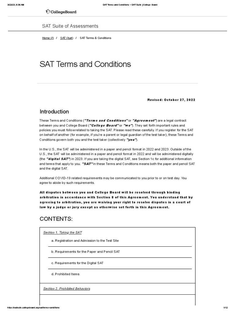 Sat Terms And Conditions Sat Suite College Board Pdf Sat Privacy