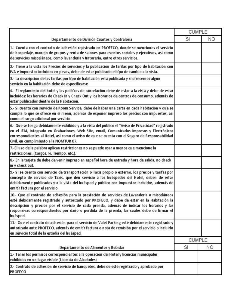 Checklist PROFECO para Operación Hotelera de Lujo | PDF | Hotel | Vino