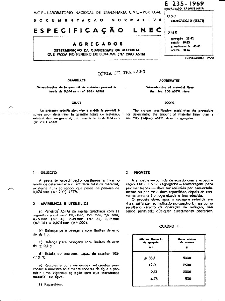 E235 1969 I Agregados. Determinacao Material Peneiro 200 | PDF