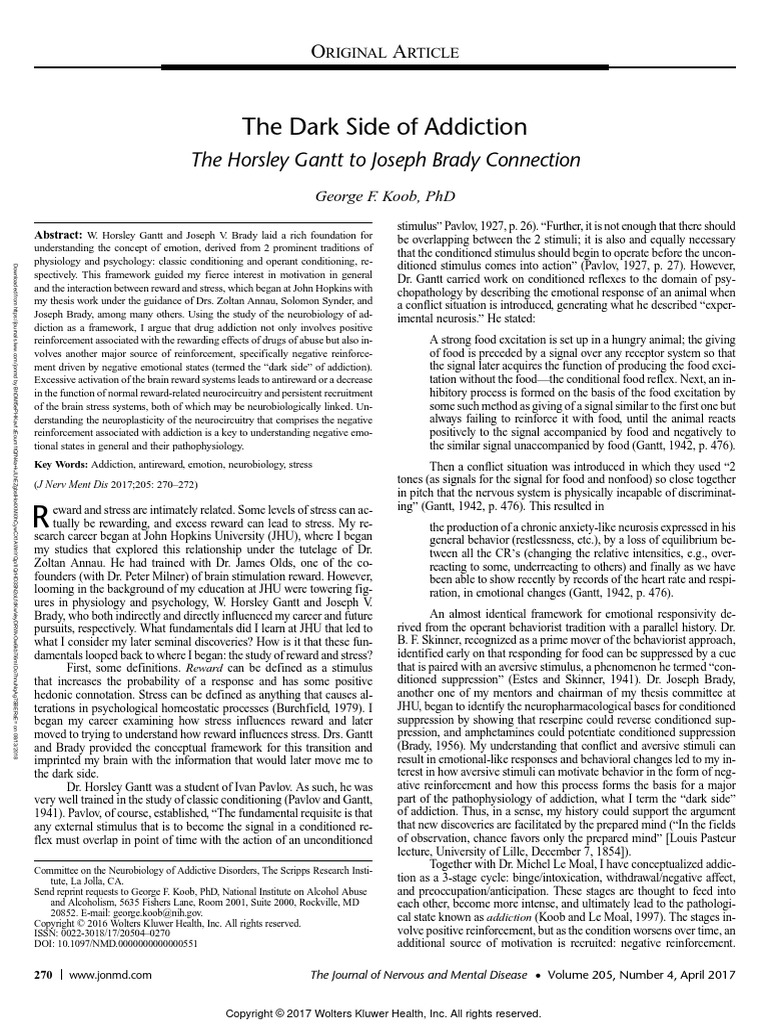 The Dark Side of Addiction The Horsley Gantt To.6 PDF Reward System