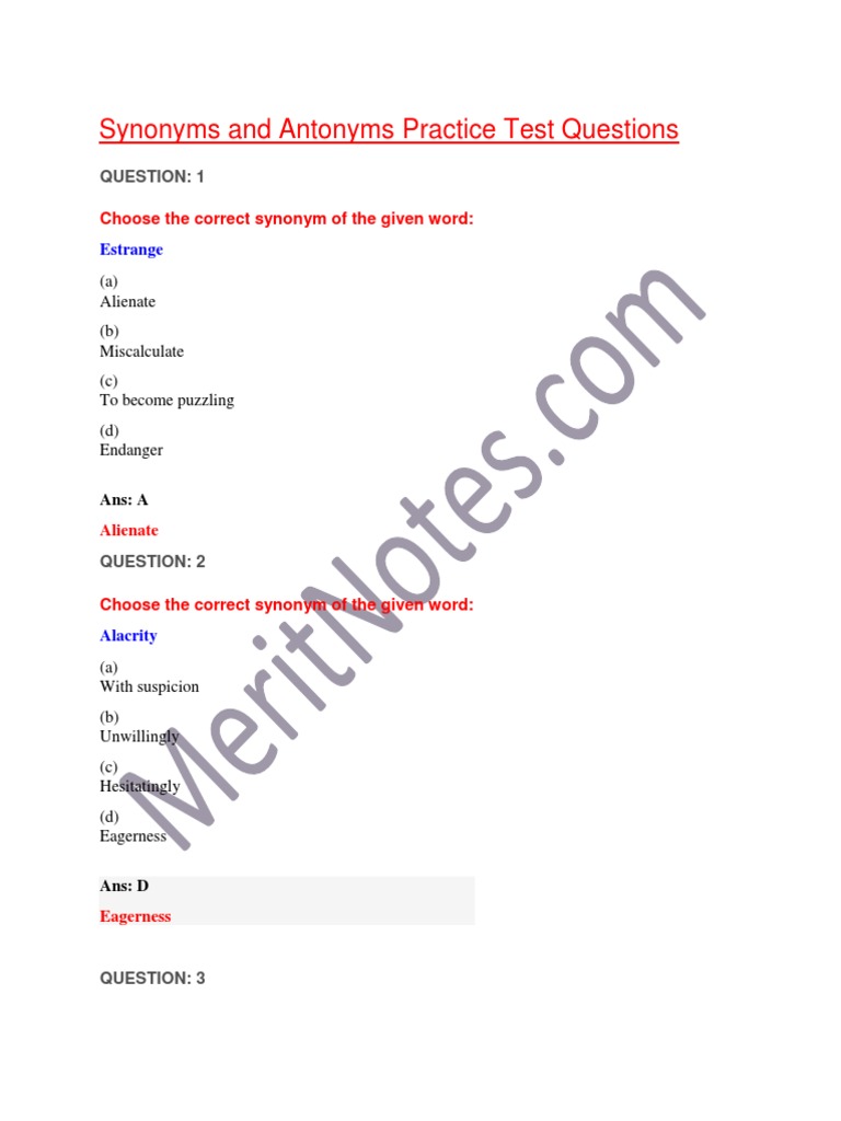 Synonyms and Antonyms Practice Test | PDF