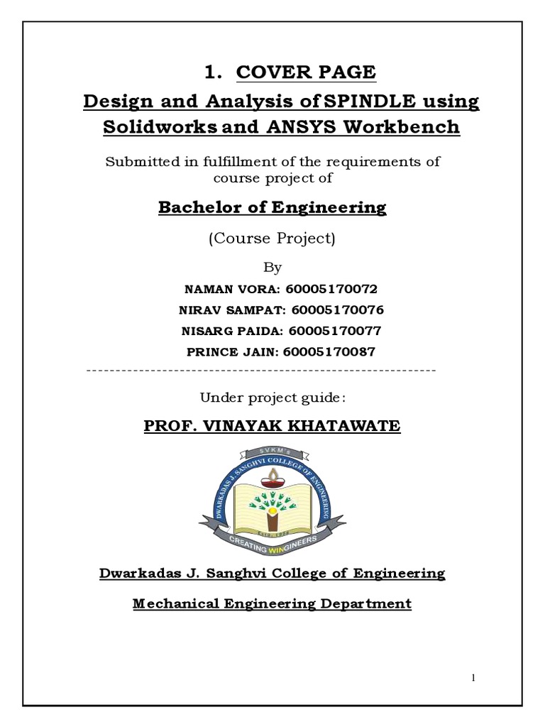 Cover Page Design and Analysis of SPINDLE Using Solidworks and ANSYS