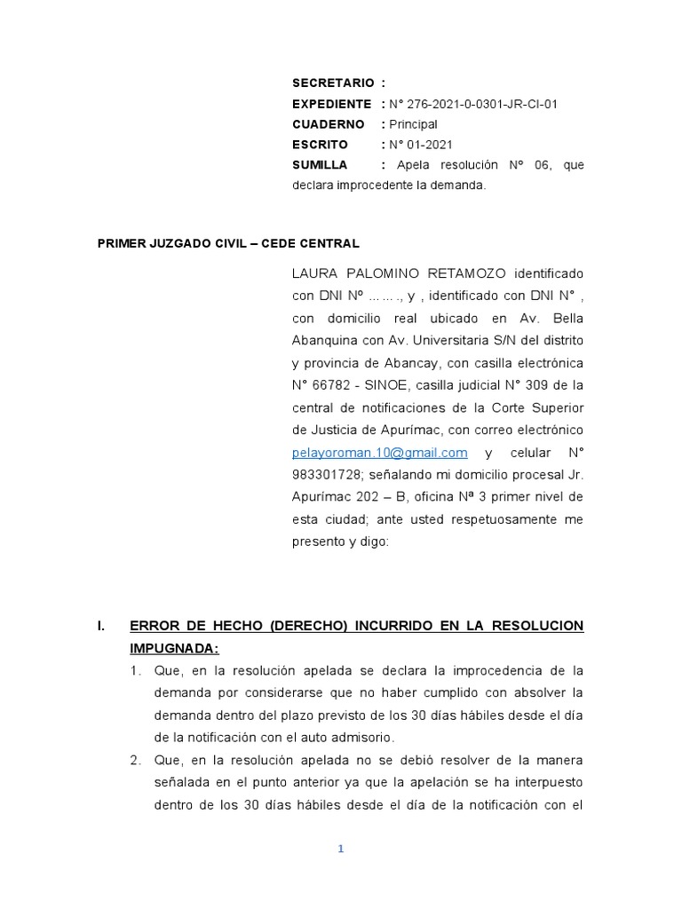 Apelacion de resolucion que declara improcedente la demanda pdf