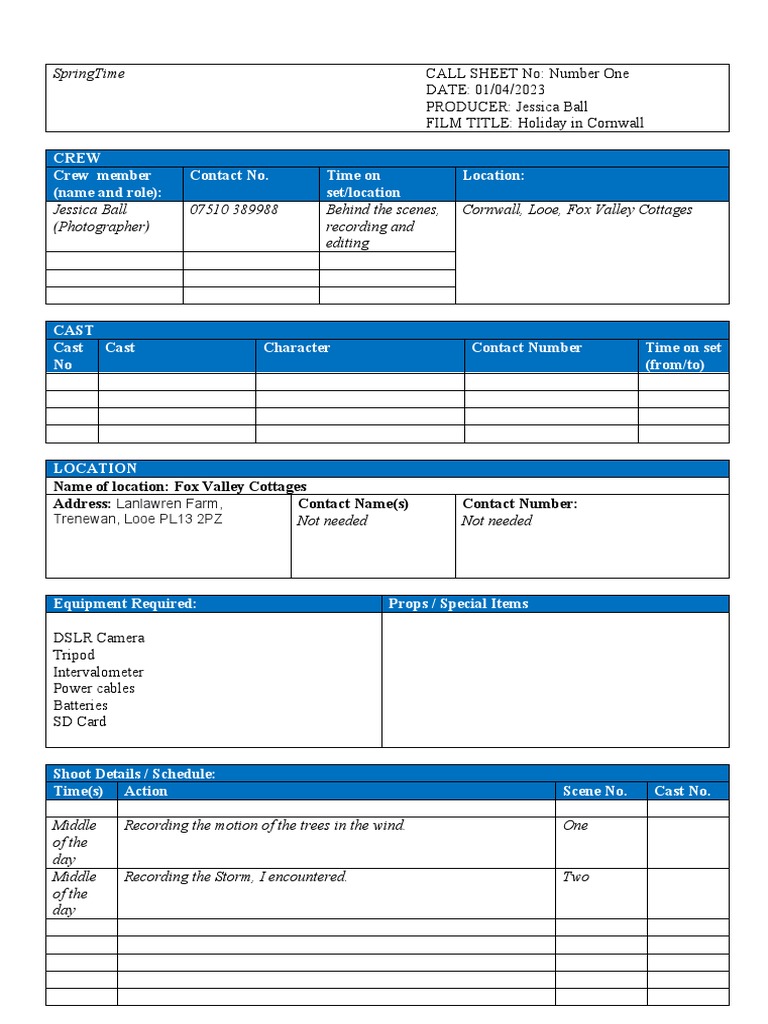 Call Sheet 2022 | PDF