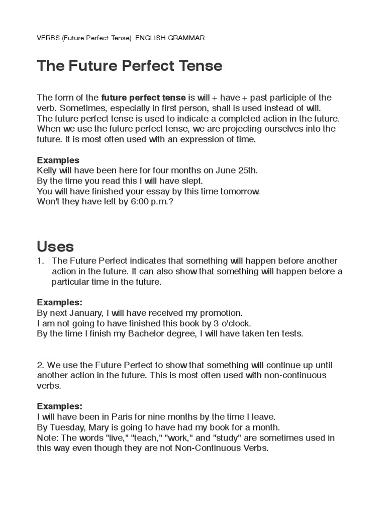Future Perfect Tense Explained | PDF | Perfect (Grammar) | Grammatical ...