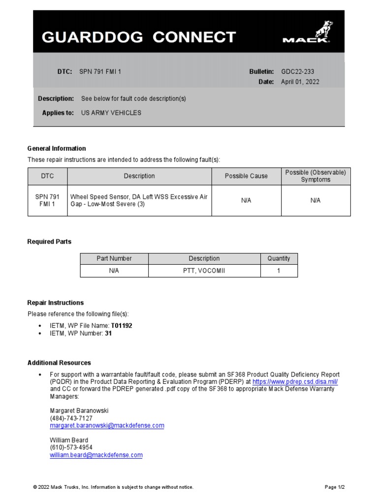 DTC SPN 791 Fmi 1 Bulletin GDC22233 Date April 01, 2022 Description