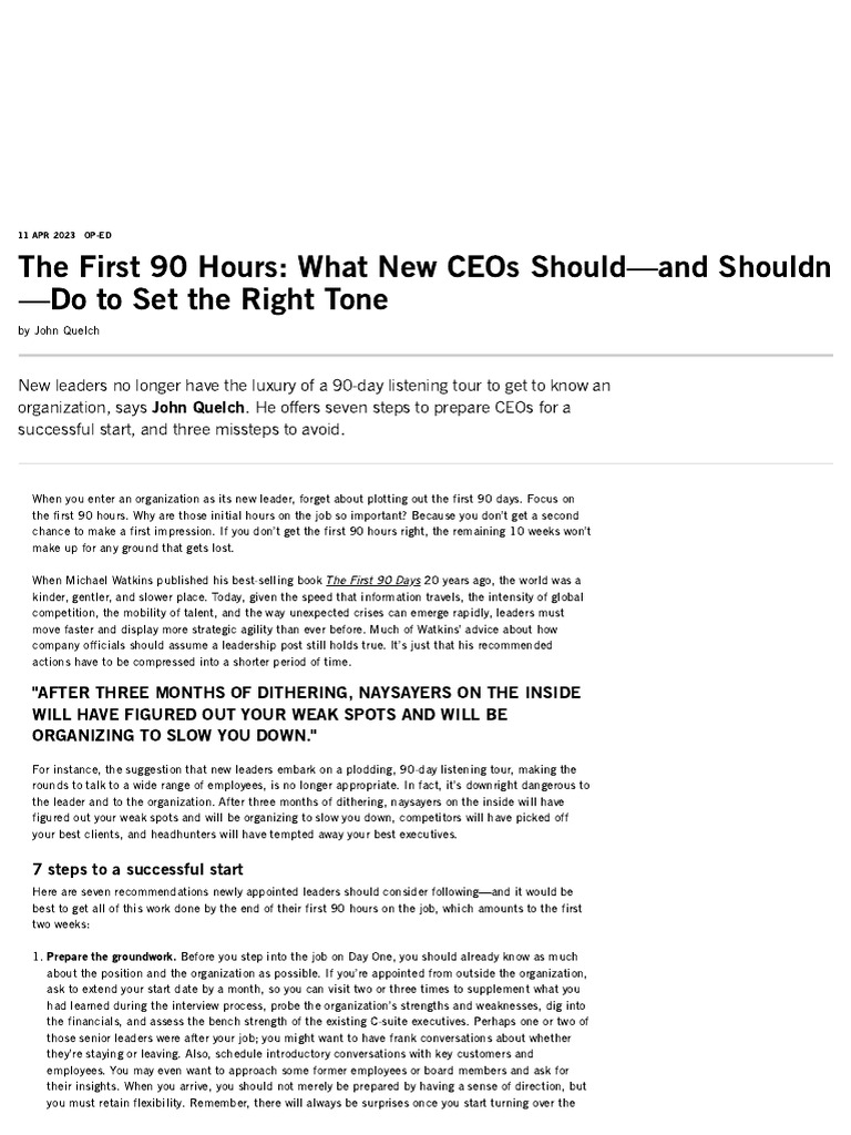 The First 90 Hours What New CEOs ShouldAnd Shouldn'tDo To Set The