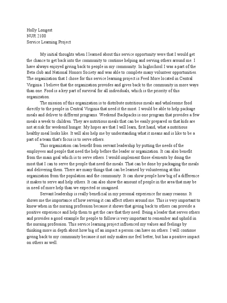 Service Learning Project Final | PDF | Nursing | Servant Leadership