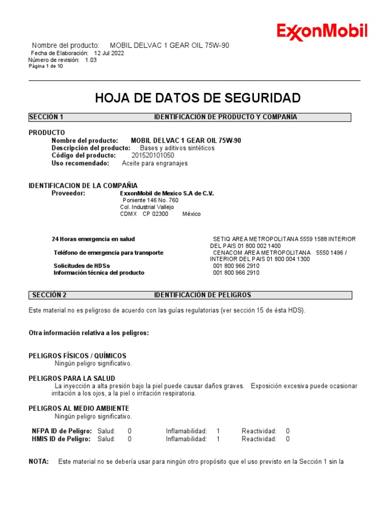 MSDS Mobil Delvac 1 Gear Oil 75w90 PDF Agua Ventilación