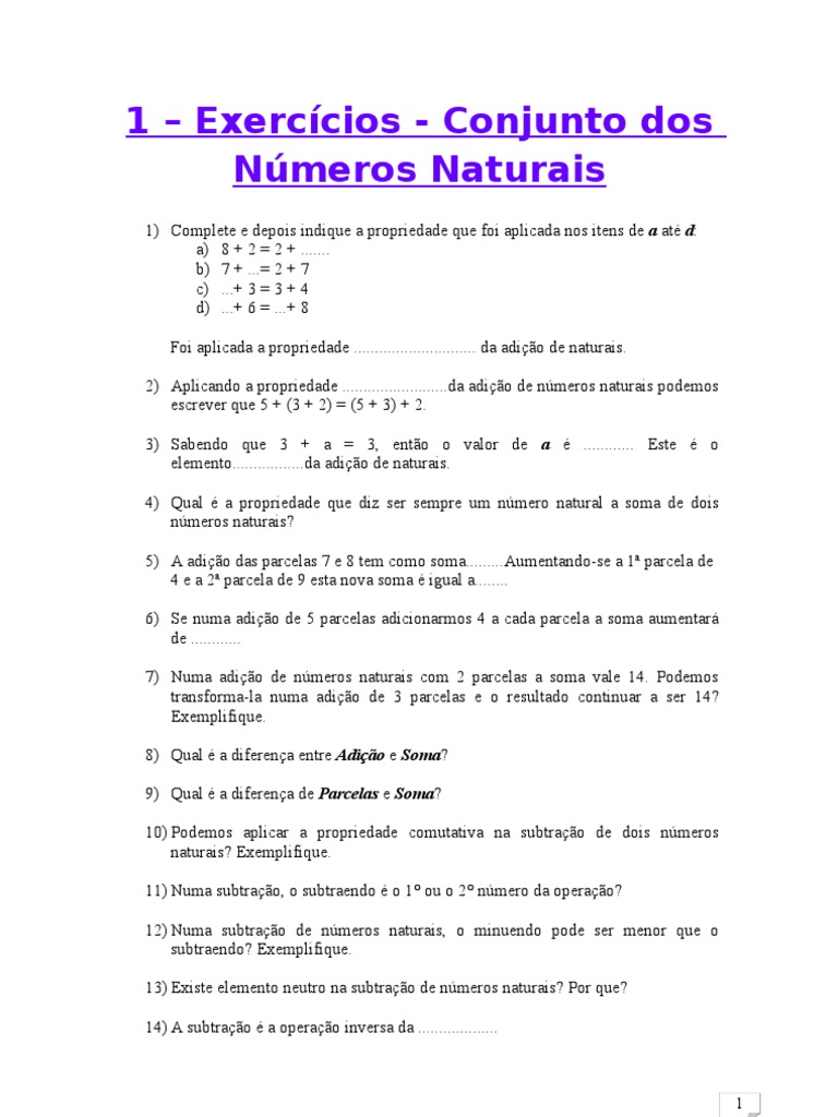 Exercícios sobre Números Naturais | PDF | Divisão (Matemática ...