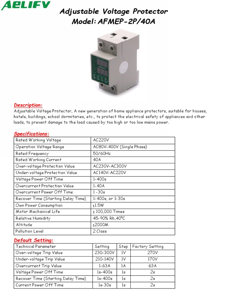 Adjustable Voltage Protector Model: AFMEP-2P/40A: Description | PDF